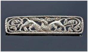 Arts And Crafts Style Silver Brooch, Of Celtic Design Showing Two Entwined Dragons. Marked Sterling