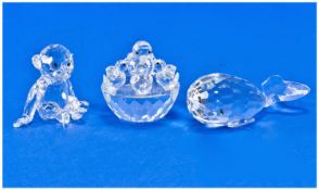 Swarovski Fine Crystal Figures, 3 in total. 1) Whales - Smiley, number 7628080000, 4 inches wide.