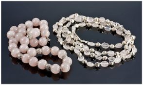 Rose Quartz Coloured Bead And Silver Necklace, Of Triple Strand, Marked 925. Together With Another