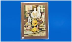 C.C. Moxley (British 20th Century) Cubist Stillife of oil lamps mixed media. Non reflective glass.