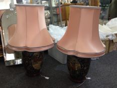 A Modern Pair of Ginger Jar shape Table Lamps with Chinese Design, complete with matching shades.