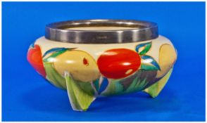 Clarice Cliff Hand Painted Art Deco 3 Footed Bowl `Delecia` Pattern Citrus. Date 1930. With silver