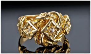 Victorian 18ct Gold Diamond Ring, Set With 3 Round Cut Diamonds In A Textured Knot Mount, Partial