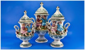 Capo Di Monte Italian Garniture Set of Large Decorative Lidded Vases. Tallest 19 inches high.