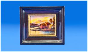 F.J. Carmona. A Quality Enamel on Copper Limoges Framed Plaque Depicting a Lakeside Scene with