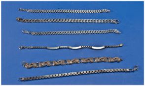 A Collection of assorted silver bracelets, 6 in total. Curb and box design, various lengths. All