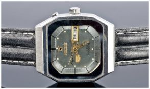 Gents Ricoh Automatic Day Date Wristwatch, Stainless Steel Rectangular Case With Canted Corners,