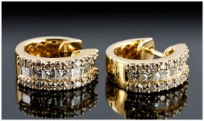 Pair Of Ladies 18ct Gold Diamond Hoop Earrings, Each Set With A Central Row Of Seven Princess Cut