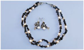 Smoky Quartz and Freshwater Pearl Necklace and Earrings Set, the necklace a double strand, with