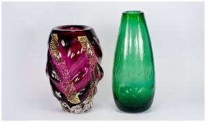 Two Murano Style Glass Vases. One of unusual form with moulded leaf design to the sides, gold