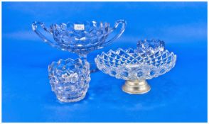 Fostoria American Depression Glass, three items comprising a large two handled fruit bowl raised on