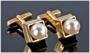 Pair Of 14ct Gold Gents Cufflinks, Square Tapering Fronts Set With A Seed Pearl, Stamped 14K.