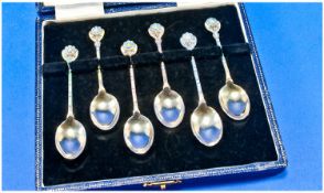 A Fine Silver And Enamel Set Of Six Tea Spoons, Gilt Bowls. Hallmark Birmingham 1962. Makers mark T