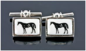 Pair Of Gents Silver Cufflinks, Rectangular Fronts Showing Images Of Race Horses, Complete In