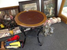 Pub Table With Leather Insert Top, on cast iron Brittania base. Top diameter 22 inches, height 28