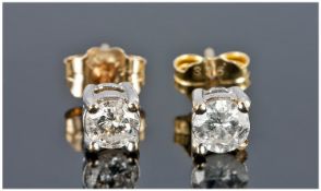 Pair Of 9ct Gold Stud Earrings Each Set With A Round Modern Brilliant Cut Diamond, Fully