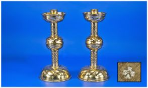 Keswick School of Industrial Art Pair Of Arts And Crafts Brass Candlesticks, Of Substantial Gauge,