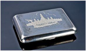 A Siamese Sterling Silver and Niello Cigarette Case. The front with a nielloed view of a temple and