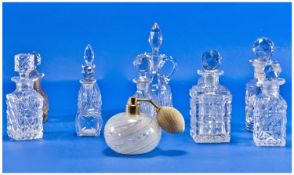 Collection Of 11 Cut Glass Misc Bottles, with stoppers. Scent and oil bottles.