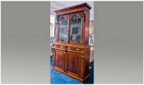 Late Victorian Mahogany Glazed Cabinet with Cupboards Below. The top with Gothic shaped doors with