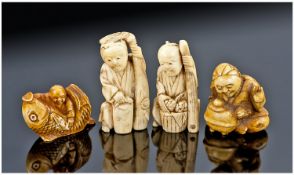 Four Japanese 19th Century Ivory Netsuke, all unsigned. A man riding a fish, a street vendor