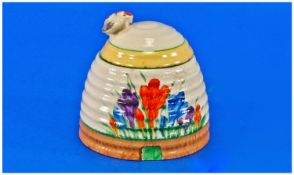Clarice Cliff Hand Painted Lidded Honey Bee Preserve Pot ``Crocus`` Design. Date 1929. Clarice