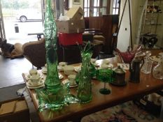 Murano Style Italian 6 Pieces of Decorative Green Glass including tall vase and various free form