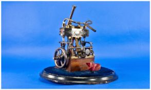 19thC Twin Cylinder Model Steam Engine with pistons, wheels and values, constructed in iron and