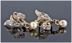 Pair Of Antique Gold Floral Style Earrings, Set With White Paste And A Pearl Drop, Unmarked, Tests