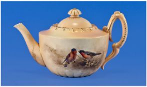 Royal Worcester Hand Painted Blush Ivory Teapot, features Robins Perched on a Branch. Date 1907. 5