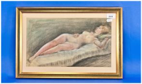 Coloured Mixed Medium And Crayon Drawing Of A Reclining Nude On A Bed. Signed G.V. Hashman 1997.