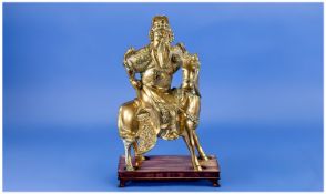Chinese Brass Model Of A Mandarin Riding A Horse Into Battle, carrying a spear in the hand, on a