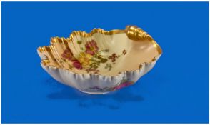 Royal Worcester Fine Blush Ivory Shell Dish, with hand painted floral decoration and gilt borders.