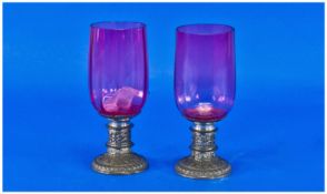 Victorian Ruby Continental Glass Goblets with silvered metal bases. c 1900. 6.5 inches in height.