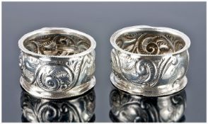 Victorian Silver Pair Of Napkin Holders, with embossed decoration. Hallmark Birmingham 1894. Makers