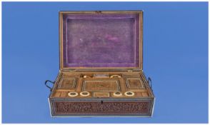 Indian Carved Sandalwood Box of Fine Quality. The tea caddy shaped top stringed with ivory edges