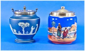 Wedgewood Biscuit Barrel In Jasper Blue, with pewter handle and rim. Impressed wedgewood to base