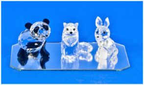 Swarovski Silver Crystal Figures, 3 in total. 1) Fox figurine, number 7629000000. 2) Panda -