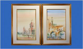 Set Of Five Watercolour Drawings Signed By John Shooter. Pair canal scenes, 19 inches by 27 inches.