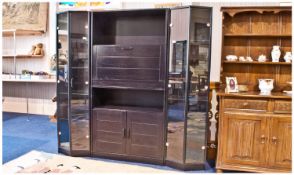 Modern Black Ebonised Display Unit, Shelved Centre With Cupboards Below Beside Two Glazed Units