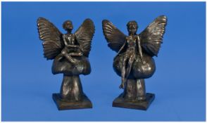 Pair of Cold Cast Bronze Limited Edition `Fairy` and `Pixie` Figures, signed R.Moll, the fairy,