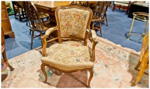 French Style Open Arm Ladies Boudoir Chair, With Shaped Back And Arms, Tapestry Upholstery, Raised
