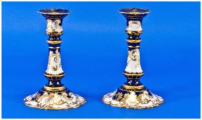 Royal Crown Derby Witches Imari Pair of Candlesticks. Date 1895. Splayed bases. Each candlestick