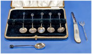 A Set of Six Silver Coffee Spoons. Boxed. Hallmarked Birmingham 1946. Together with a small silver