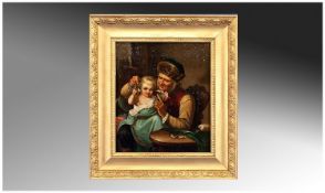 An Interesting Oil On Canvas, 19th Century. Depicting a father showing his young boy a large gold
