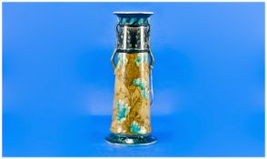 Mintons Secessionist Tapering Column Vase, the main body showing mottled turquoise flowers with