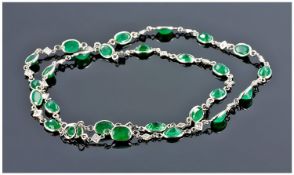 Emerald And Diamond Fine Link Platinum Necklace Set With Alternating Oval Faceted Emeralds (