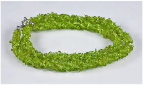 Peridot Rope Necklace, triple strands of Chinese bright green peridot small nuggets, twisted and