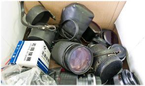 Box of Assorted Camera Lenses and binoculars including Mintola, Hanimex, Mamiya, Magnon Auto Tele,