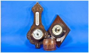Carved Oak Aneroid Barometer, Together With One Other + Lidded Oak Tobacco Jar